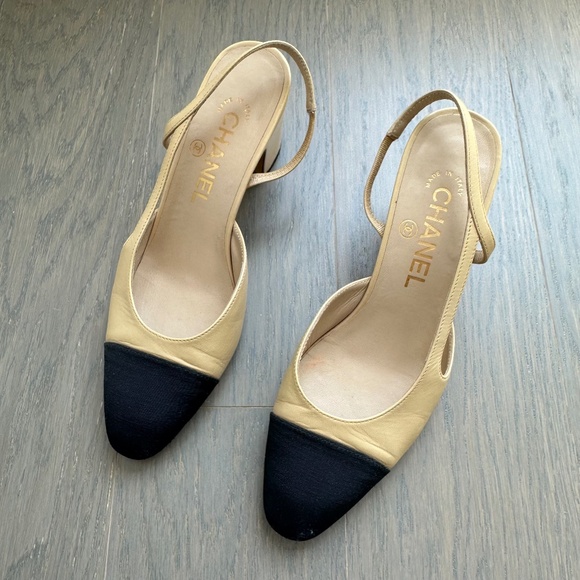 Chanel Slingbacks Beige Black Goatskin & Grosgrain Leather Heel Color Block - 36 - Picture 2 of 16